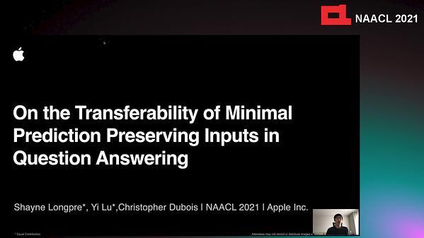 On the Transferability of Minimal Prediction Preserving Inputs in Question Answering