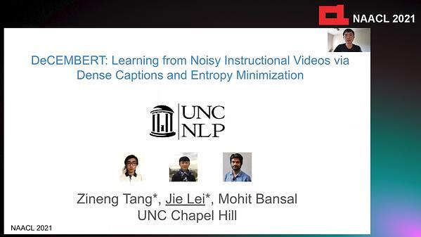 DeCEMBERT: Learning from Noisy Instructional Videos via Dense Captions and Entropy Minimization