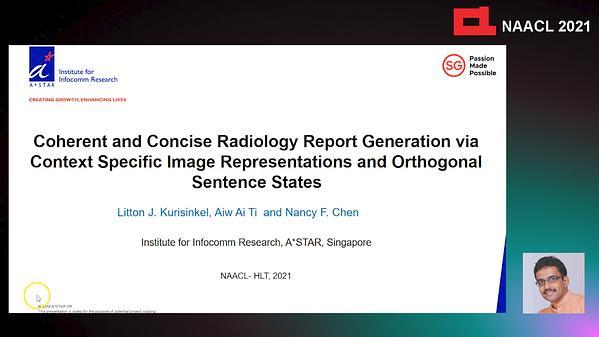 Coherent and Concise Radiology Report Generation via Context Specific Image Representations and Orthogonal Sentence States