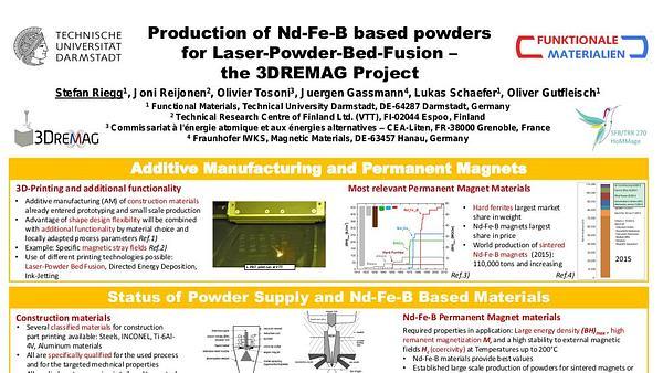 Production of Nd-Fe-B based powders for Laser-Powder-Bed-Fusion - the 3DREMAG Project