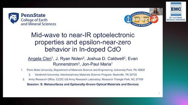 Mid-Wave to Near-IR Optoelectronic Properties and Epsilon-Near-Zero Behavior in In-Doped CdO