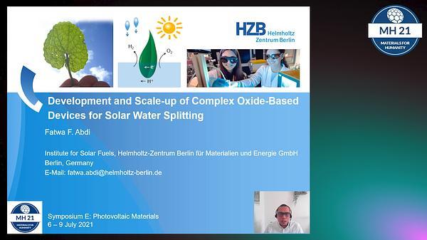 Development and scale-up of complex oxide-based devices for solar water splitting