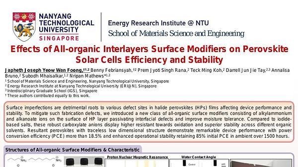 Effects of All‐Organic Interlayer Surface Modifiers on the Efficiency and Stability of Perovskite Solar Cells