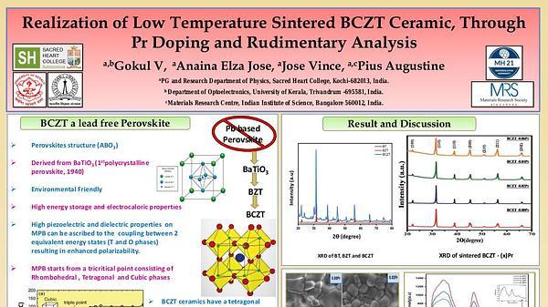 REALIZATION OF LOW TEMPERATURE SINTERED BCZT CERAMIC, THROUGH Pr DOPING AND RUDIMENTARY ANALYSIS