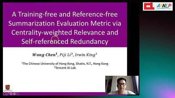A Training-free and Reference-free Summarization Evaluation Metric via Centrality-weighted Relevance and Self-referenced Redundancy