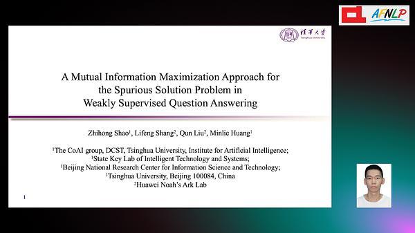 A Mutual Information Maximization Approach for the Spurious Solution Problem in Weakly Supervised Question Answering