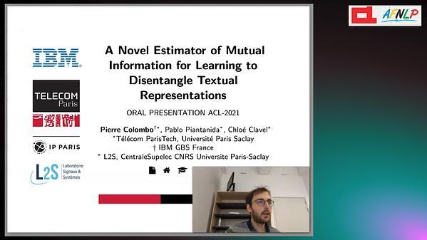 A Novel Estimator of Mutual Information for Learning to Disentangle Textual Representations