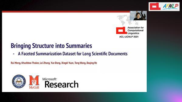 Bringing Structure into Summaries: a Faceted Summarization Dataset for Long Scientific Documents