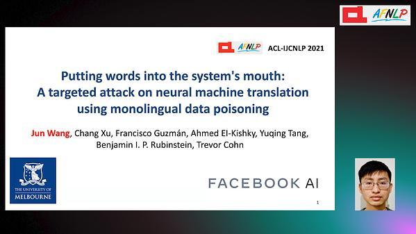 Putting words into the system's mouth: A targeted attack on neural machine translation using monolingual data poisoning