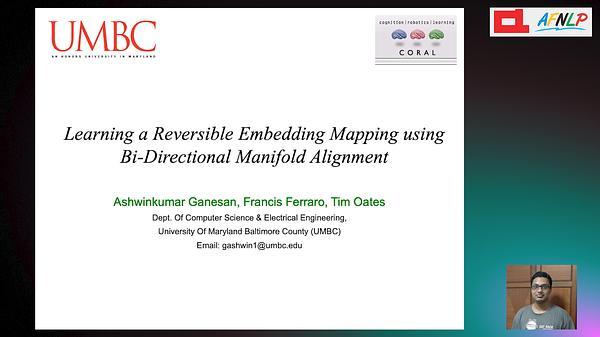 Learning a Reversible Embedding Mapping using Bi-Directional Manifold Alignment