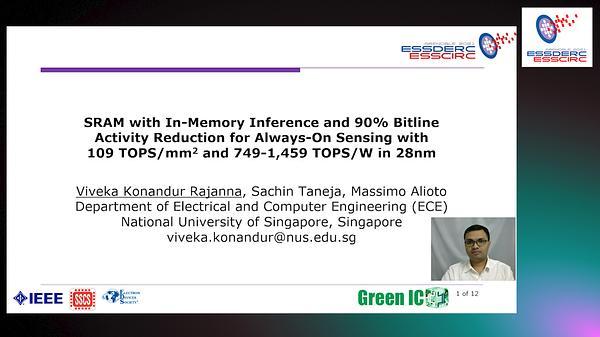 SRAM with In-Memory Inference and 90% Bitline Activity Reduction for Always-on Sensing with 109 TOPS/mm2 and 749-1,459 TOPS/W in 28nm