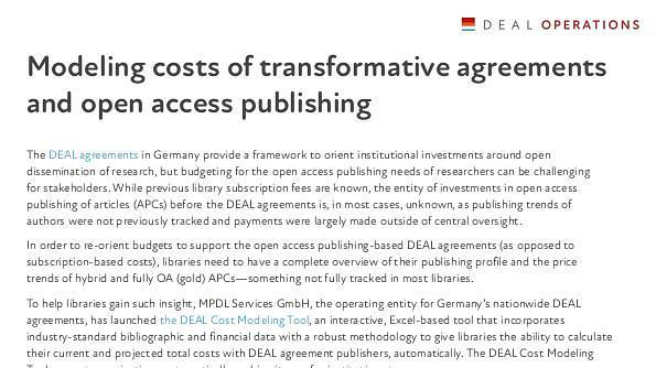 Modeling costs of transformative agreementsand open access publishing