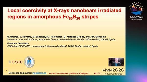 Local Coercivity at X-rays Nanobeam Irradiated Regions in Amorphous Fe80B20 stripes