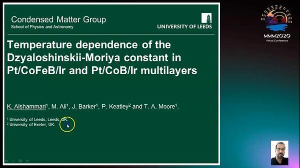 Temperature dependence of the Dzyaloshinskii-Moriya constant in ultrathin Pt/Co(Fe)B/Ir films