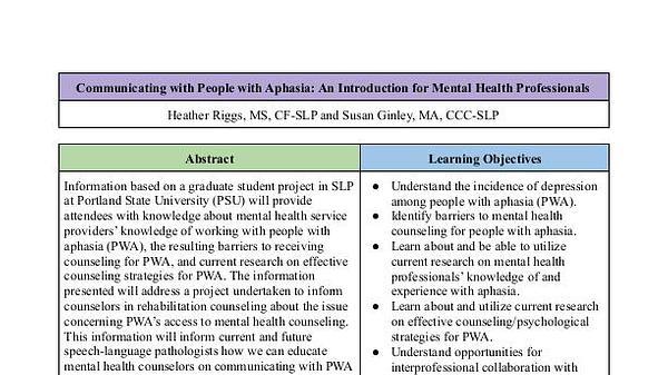 Communicating with People with Aphasia: Introduction for Mental Health Professionals