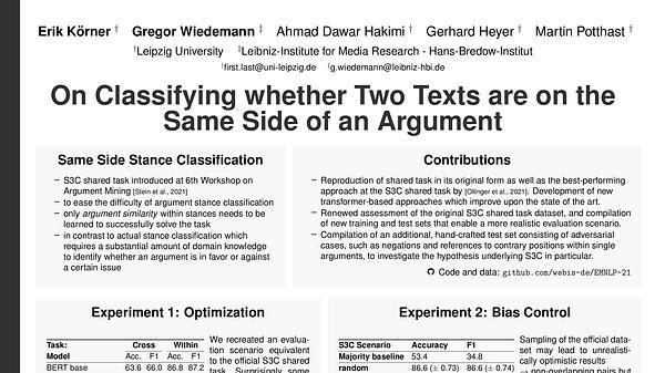 On Classifying whether Two Texts are on the Same Side of an Argument