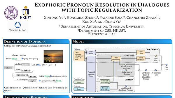 Exophoric Pronoun Resolution in Dialogues with Topic Regularization