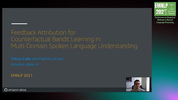 Feedback Attribution for Counterfactual Bandit Learning in Multi-Domain Spoken Language Understanding