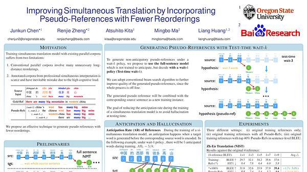 Improving Simultaneous Translation by Incorporating Pseudo-References with Fewer Reorderings