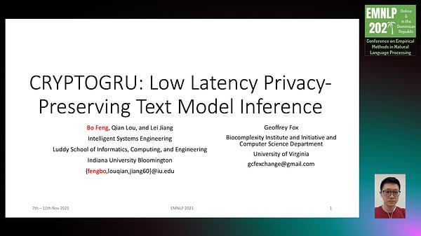 CRYPTOGRU: Low Latency Privacy-Preserving Text Analysis With GRU