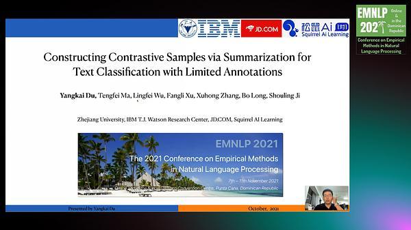 Constructing contrastive samples via summarization for text classification with limited annotations