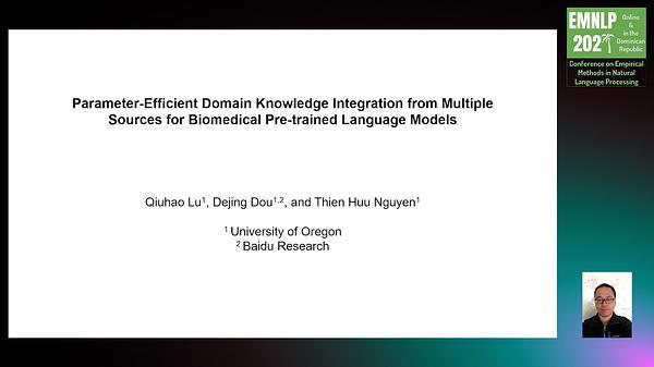 Parameter-Efficient Domain Knowledge Integration from Multiple Sources for Biomedical Pre-trained Language Models