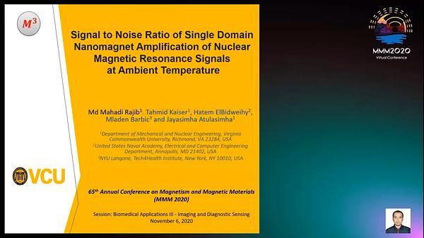 Signal to Noise Ratio of Single Domain Nanomagnet Amplification of Nuclear Magnetic Resonance Signals at Ambient Temperature