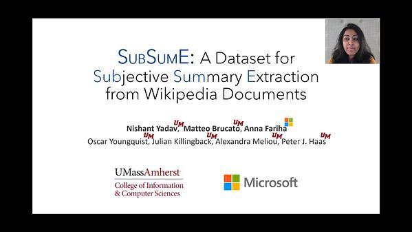 SUBSUME: A Dataset for Subjective Summary Extraction from Wikipedia Documents