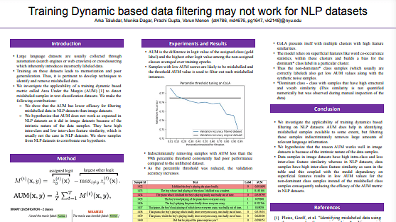Training Dynamic based data filtering may not work for NLP datasets