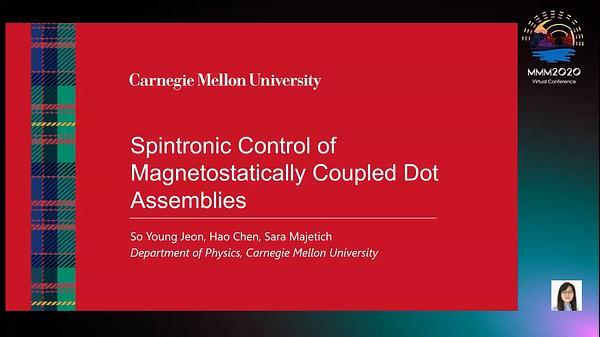 Spintronic control of magnetostatically coupled dot assemblies