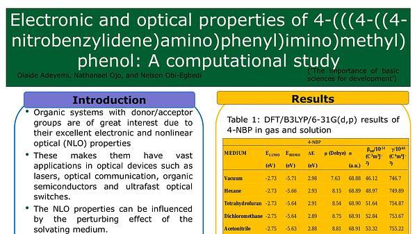 Electronic and optical properties of 4-(((4-((4-nitrobenzylidene)amino)phenyl)imino)methyl) phenol: A computational study