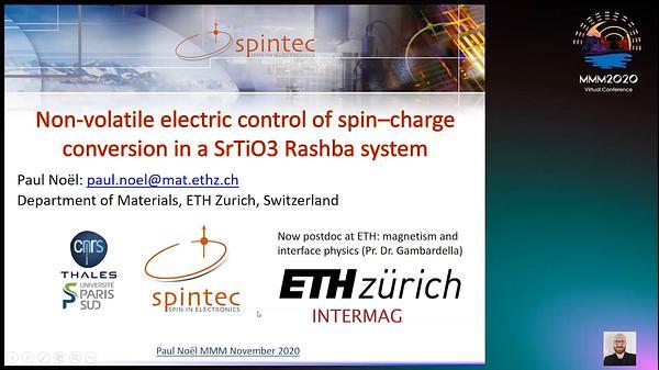 Non-volatile electric control of spin–charge conversion in a SrTiO3 Rashba system INVITED