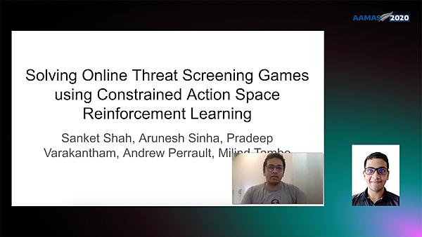 Solving Online Threat Screening Games using Constrained Action Space Reinforcement Learning