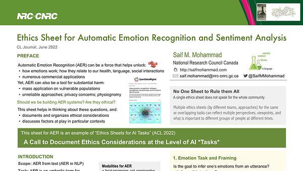 Ethics Sheet for Automatic Emotion Recognition and Sentiment Analysis