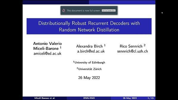 Distributionally Robust Recurrent Decoders with Random Network Distillation