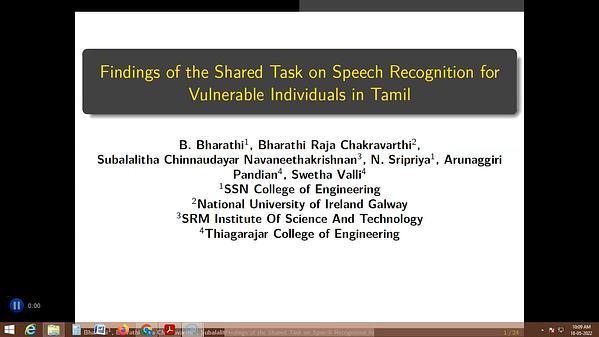 Findings of the Shared Task on Speech Recognition for Vulnerable Individuals in Tamil