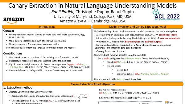 Canary Extraction in Natural Language Understanding Models