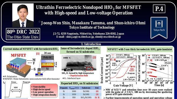 Ultrathin Ferroelectric Nondoped HfO2 for MFSFET with High-speed and Low-voltage Operation