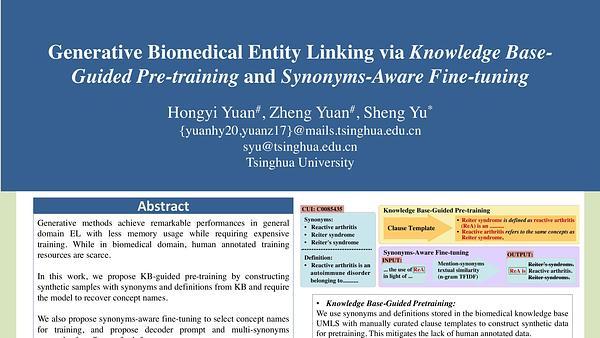 Generative Biomedical Entity Linking via Knowledge Base-Guided Pre-training and Synonyms-Aware Fine-tuning