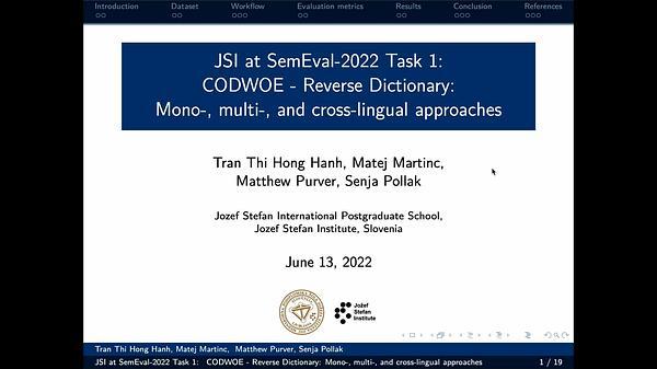 JSI at SemEval-2022 Task 1: CODWOE - Reverse Dictionary: Monolingual, multilingual, and cross-lingual approaches