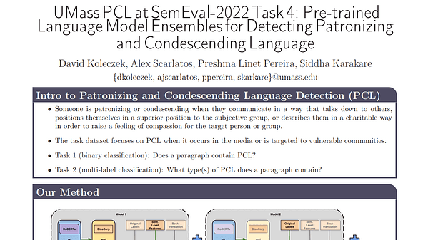 UMass PCL at SemEval-2022 Task 4: Pre-trained Language Model Ensembles for Detecting Patronizing and Condescending Language
