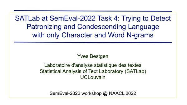 SATLab at SemEval-2022 Task 4: Trying to Detect Patronizing and Condescending Language with only Character and Word N-grams