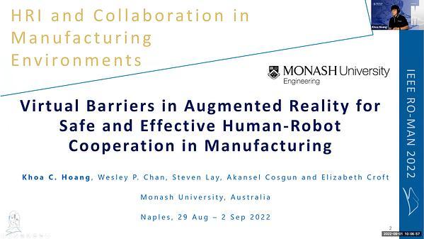 Virtual Barriers in Augmented Reality for Safe and Effective Human-Robot Cooperation in Manufacturing