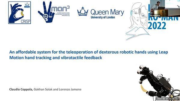 An affordable system for the teleoperation of dexterous robotic hands using Leap Motion hand tracking and vibrotactile feedback