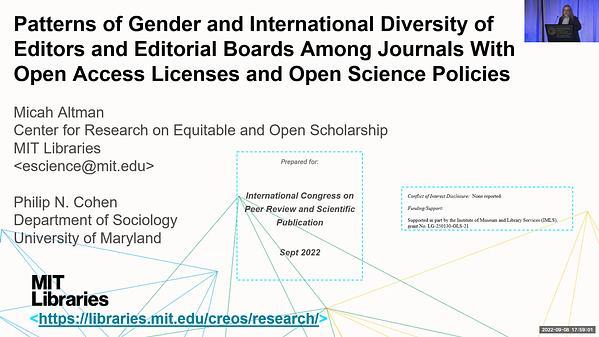 Patterns of Gender and International Diversity of Editors and Editorial Boards Among Journals With Open Access Licenses and Open Science Policies