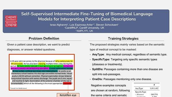 Self-Supervised Intermediate Fine-Tuning of Biomedical Language Models for Interpreting Patient Case Descriptions