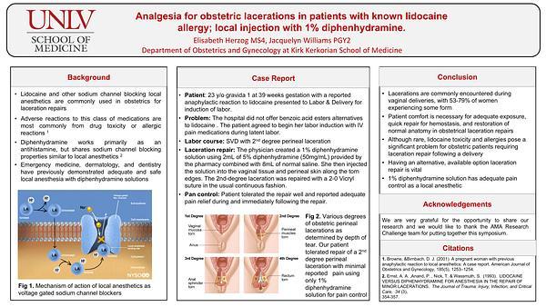 Analgesia for obstetric lacerations in patients with known lidocaine allergy; local injection with 1% diphenhydramine.