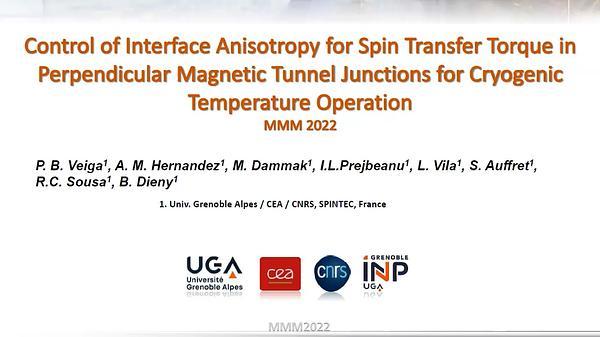 Control of Interface Anisotropy for Spin Transfer Torque in Perpendicular Magnetic Tunnel Junctions for Cryogenic Temperature Operation