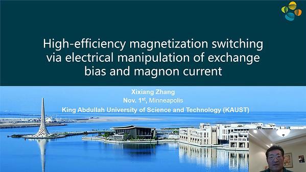 High efficiency magnetization switching via electrical manipulation of exchange bias and magnon current
