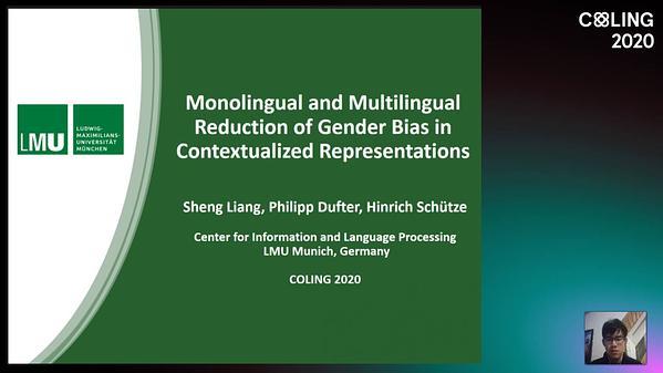 Monolingual and Multilingual Reduction of Gender Bias in Contextualized Representations
